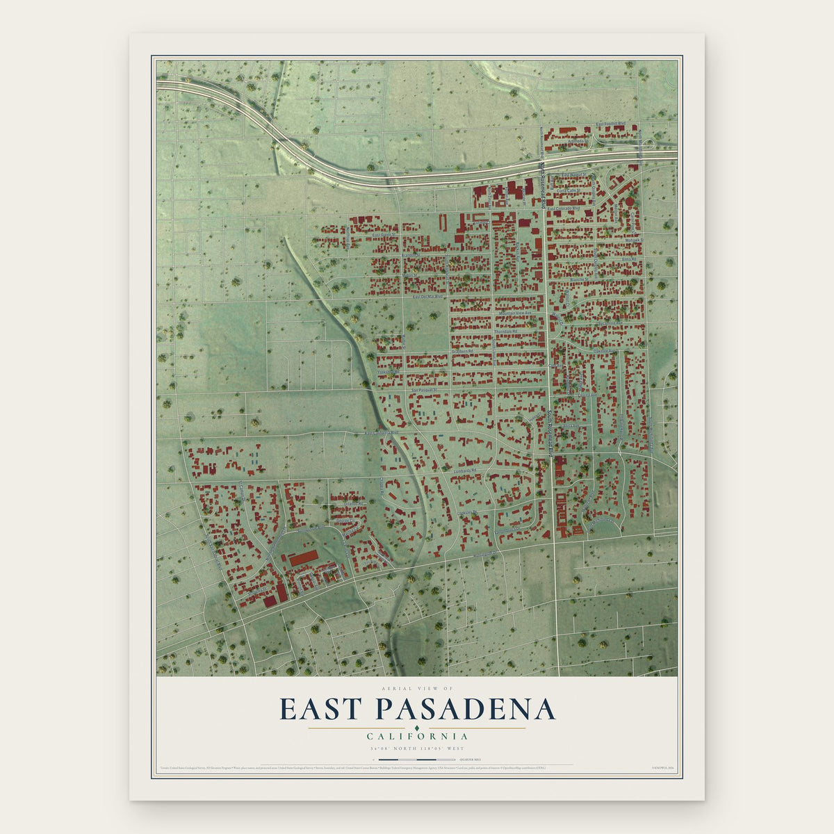 East Pasadena, California map print, the full design
