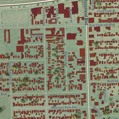 Close-up of the map of East Pasadena, California print showing street and building detail