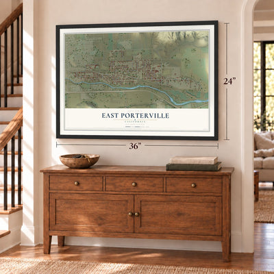 East Porterville, California map, 24 x 36 inch print in a black frame above a dresser by a staircase