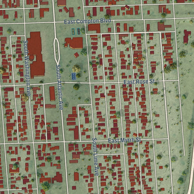 Second close-up of the map of East Rancho Dominguez, California print showing more streets and buildings