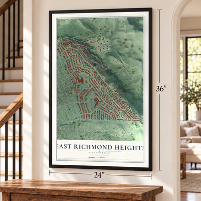 East Richmond Heights, California map, 24 x 36 inch print in a black frame by a staircase
