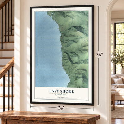East Shore, California map, 24 x 36 inch print in a black frame by a staircase