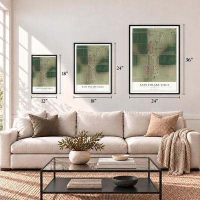 East Tulare Villa, California map in 12 x 18, 18 x 24 and 24 x 36 inch sizes above a sofa