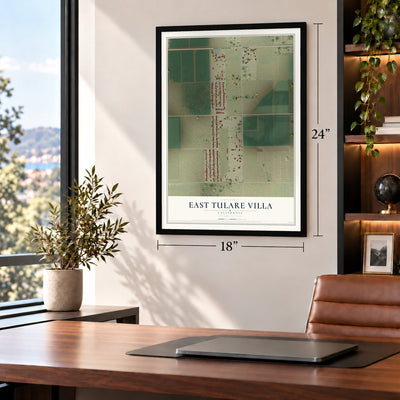 East Tulare Villa, California map, 18 x 24 inch print in a black frame in a home office