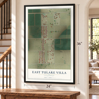 East Tulare Villa, California map, 24 x 36 inch print in a black frame by a staircase