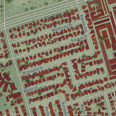 Close-up of the map of East Whittier, California print showing street and building detail