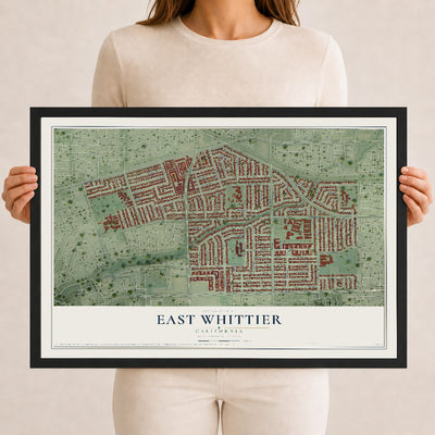 Map of East Whittier, California, 12 x 18 inch print in a black wood frame