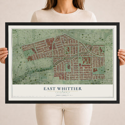 Map of East Whittier, California, 18 x 24 inch print in a black wood frame