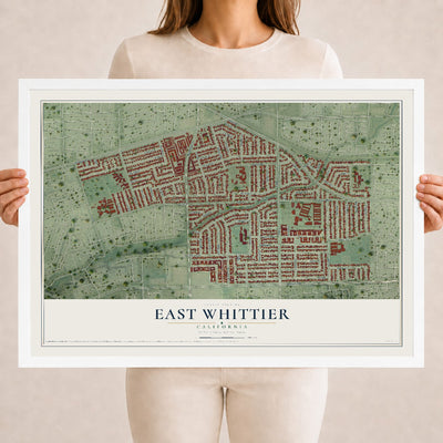 Map of East Whittier, California, 18 x 24 inch print in a white wood frame
