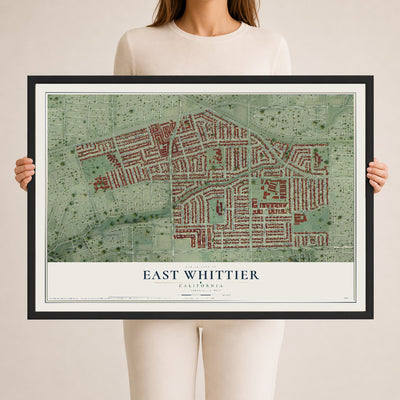 Map of East Whittier, California, 24 x 36 inch print in a black wood frame