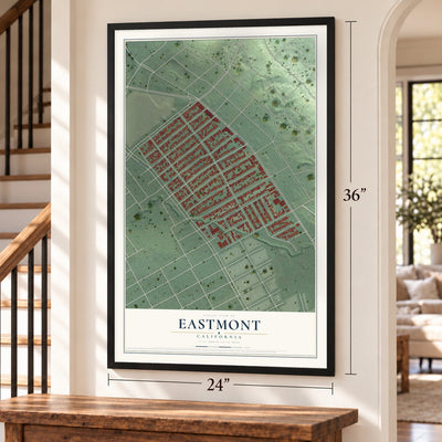 Eastmont, California map, 24 x 36 inch print in a black frame by a staircase