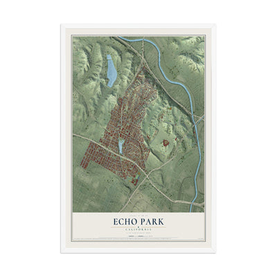 Map of Echo Park, California, 12 x 18 inch print in a white wood frame