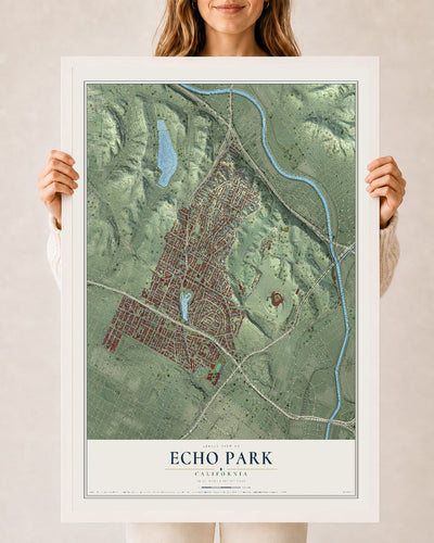 Map of Echo Park, California, 24 x 36 inch print in a white wood frame
