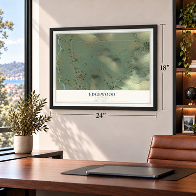 Edgewood, California map, 18 x 24 inch print in a black frame in a home office