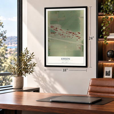 Edison, California map, 18 x 24 inch print in a black frame in a home office
