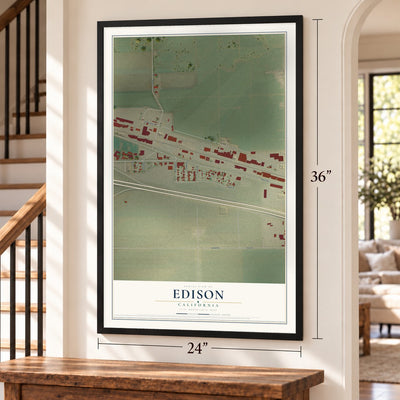 Edison, California map, 24 x 36 inch print in a black frame by a staircase