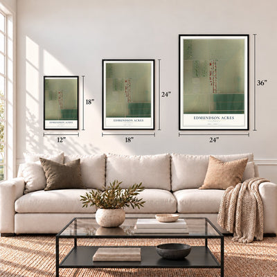 Edmundson Acres, California map in 12 x 18, 18 x 24 and 24 x 36 inch sizes above a sofa