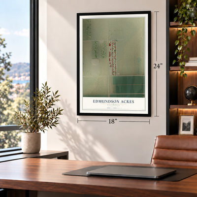 Edmundson Acres, California map, 18 x 24 inch print in a black frame in a home office