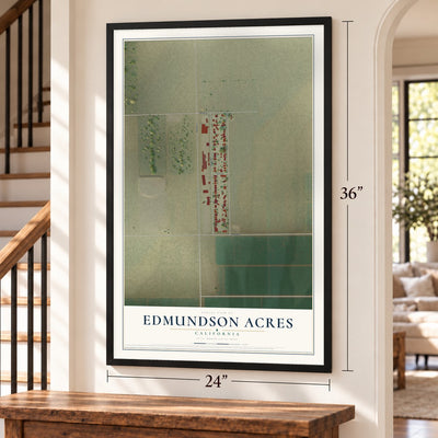 Edmundson Acres, California map, 24 x 36 inch print in a black frame by a staircase