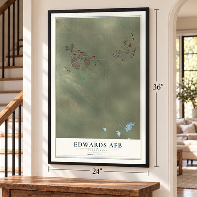 Edwards AFB, California map, 24 x 36 inch print in a black frame by a staircase