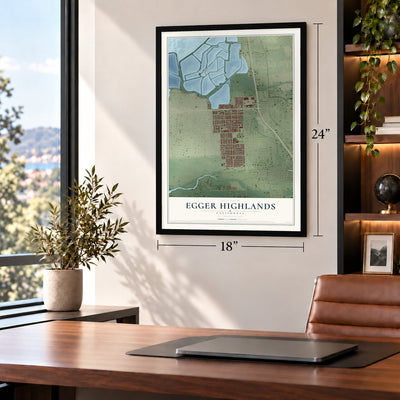 Egger Highlands, California map, 18 x 24 inch print in a black frame in a home office
