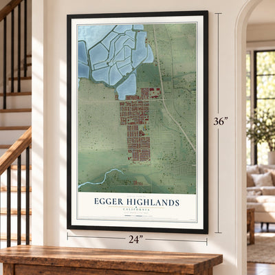 Egger Highlands, California map, 24 x 36 inch print in a black frame by a staircase