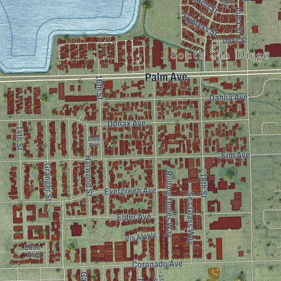 Close-up of the map of Egger Highlands, California print showing street and building detail
