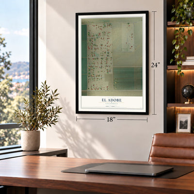 El Adobe, California map, 18 x 24 inch print in a black frame in a home office