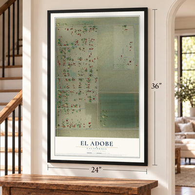 El Adobe, California map, 24 x 36 inch print in a black frame by a staircase