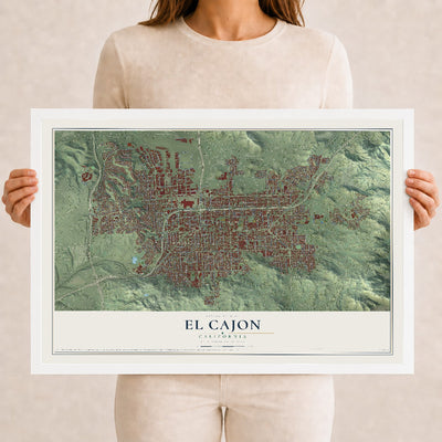 Map of El Cajon, California, 12 x 18 inch print in a white wood frame
