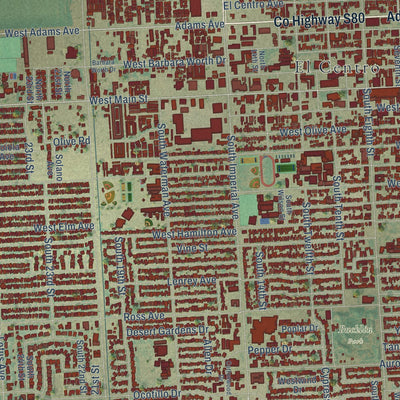 Close-up of the map of El Centro, California print showing street and building detail
