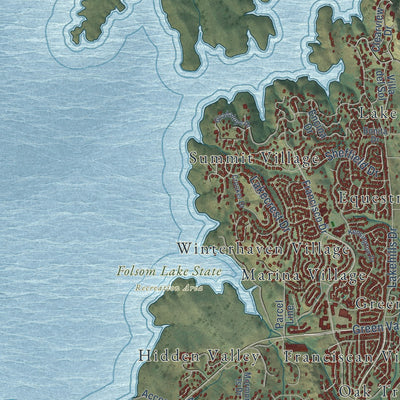 Second close-up of the map of El Dorado Hills, California print showing more streets and buildings