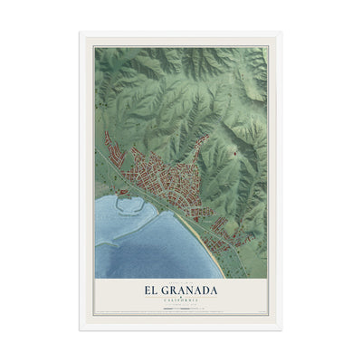Map of El Granada, California, 12 x 18 inch print in a white wood frame