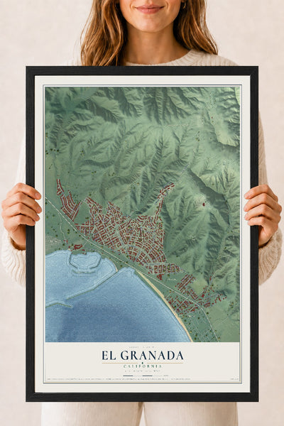 Map of El Granada, California, 18 x 24 inch print in a black wood frame