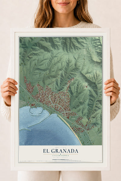 Map of El Granada, California, 18 x 24 inch print in a white wood frame