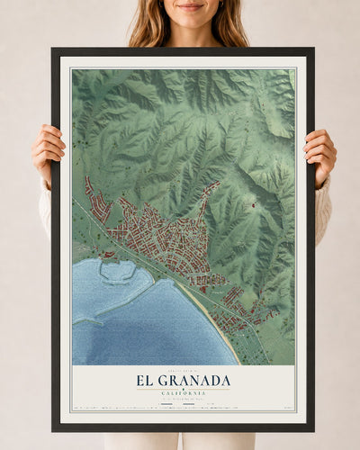 Map of El Granada, California, 24 x 36 inch print in a black wood frame