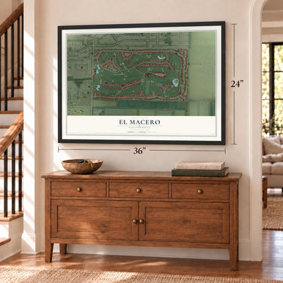 El Macero, California map, 24 x 36 inch print in a black frame above a dresser by a staircase
