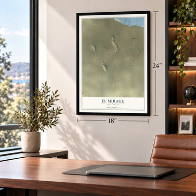 El Mirage, California map, 18 x 24 inch print in a black frame in a home office