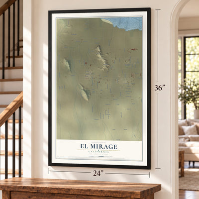El Mirage, California map, 24 x 36 inch print in a black frame by a staircase