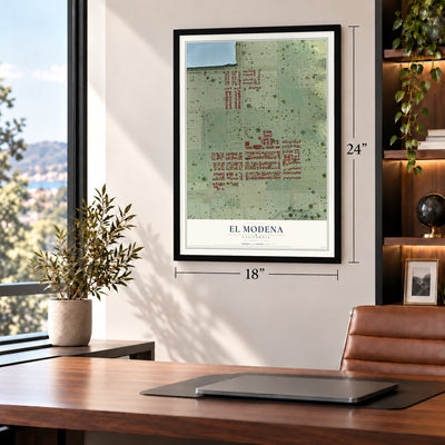 El Modena, California map, 18 x 24 inch print in a black frame in a home office