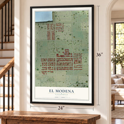 El Modena, California map, 24 x 36 inch print in a black frame by a staircase