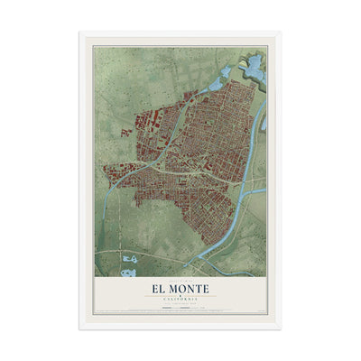 Map of El Monte, California, 12 x 18 inch print in a white wood frame