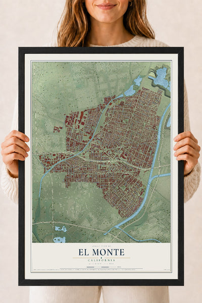 Map of El Monte, California, 18 x 24 inch print in a black wood frame