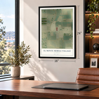 El Monte Mobile Village, California map, 18 x 24 inch print in a black frame in a home office