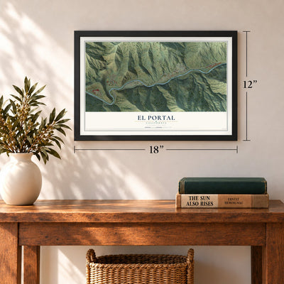 El Portal, California map, 12 x 18 inch print in a black frame in an entryway