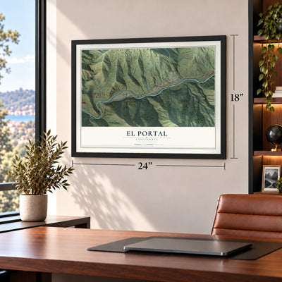 El Portal, California map, 18 x 24 inch print in a black frame in a home office