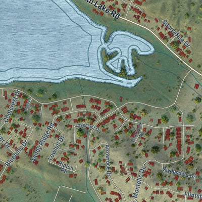 Close-up of the map of Elizabeth Lake, California print showing street and building detail