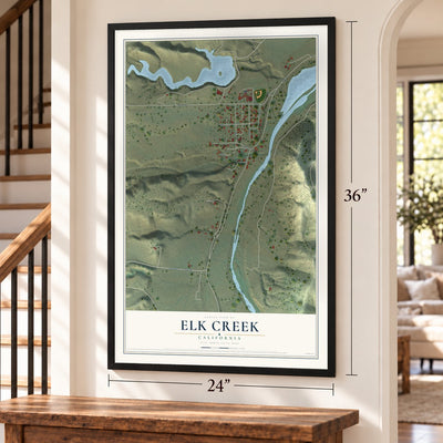 Elk Creek, California map, 24 x 36 inch print in a black frame by a staircase