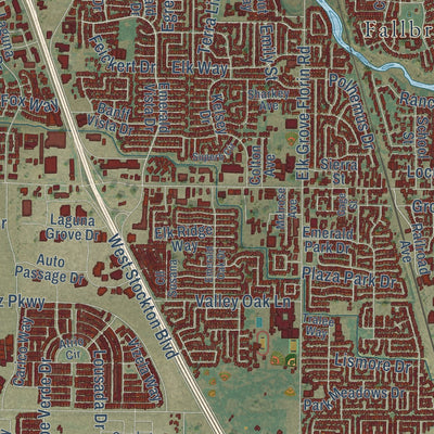 Close-up of the map of Elk Grove, California print showing street and building detail