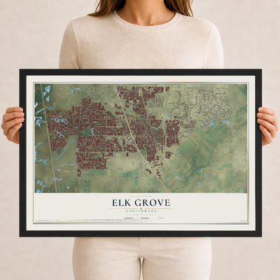 Map of Elk Grove, California, 12 x 18 inch print in a black wood frame